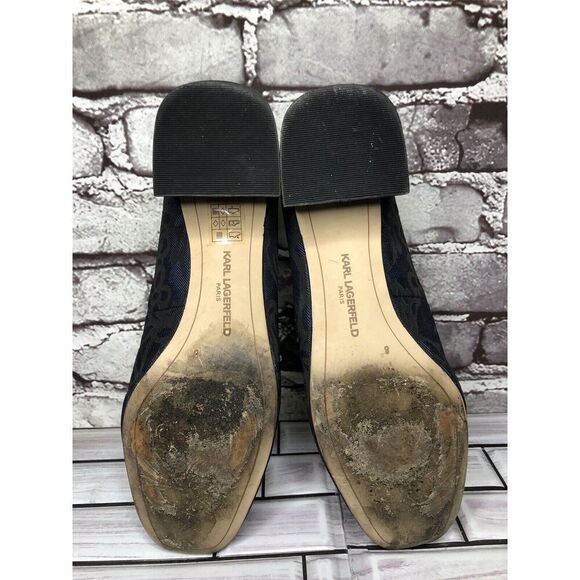 Karl Lagerfeld PARIS Charee Navy Black Floral Fabric Block Heels Women Sz 8M US - Picture 7 of 16